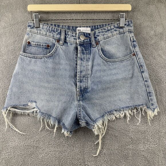 Zara Pants - ZARA Shorts Womens 8 Denim Blue Light Wash Cut Off Button Fly 5 Pockets Fray Hem